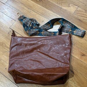 Brown faux Leather Crossbody Tote with Patterned Adjustable Strap